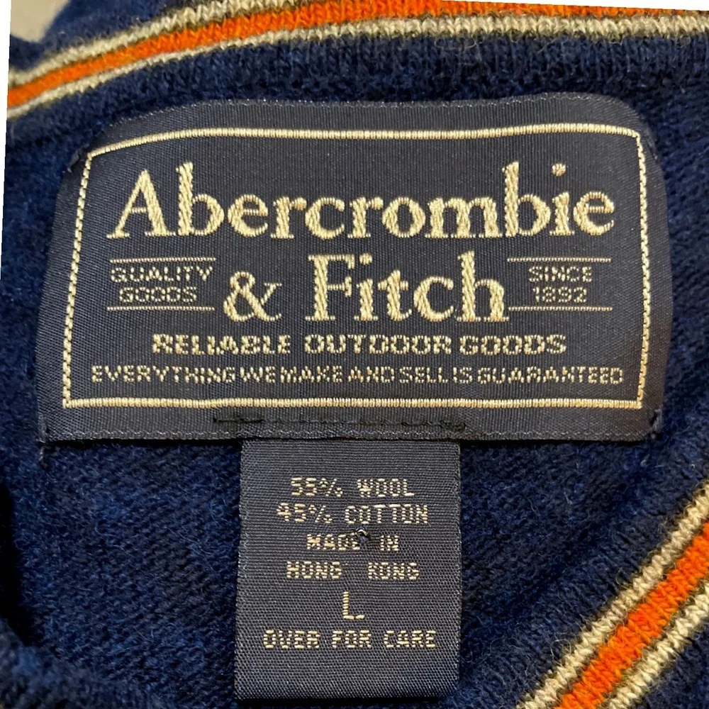 Abercrombie Fitch Mens Navy Blue V Neck Sweater Size L Wool Cotton Blend Trim